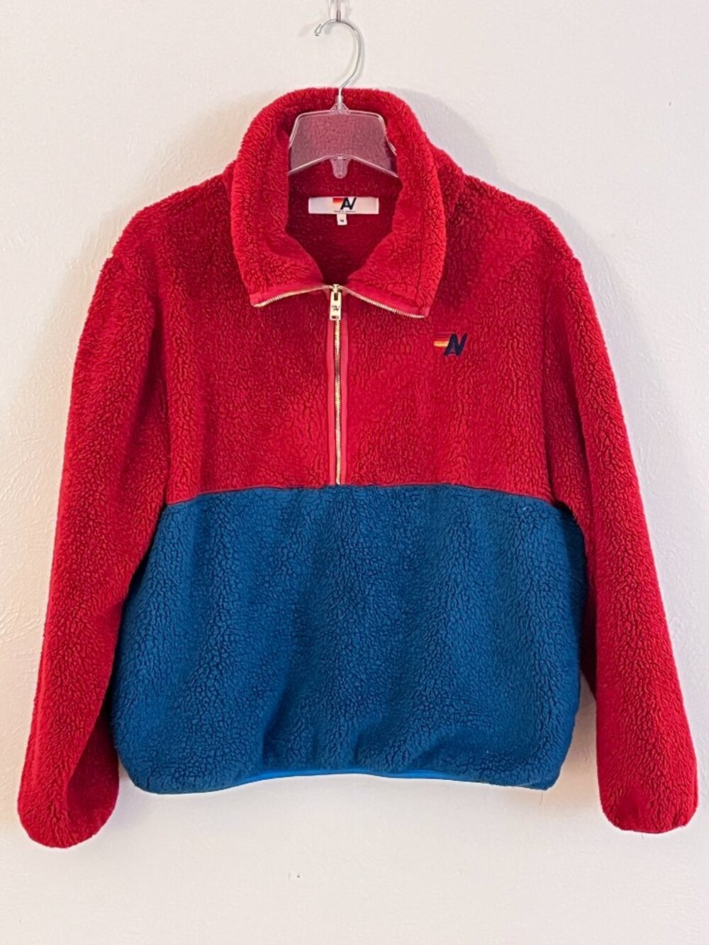 Aviator Nation Teddy Apres Half Zip Color Block Fleece Pullover M Red Blue